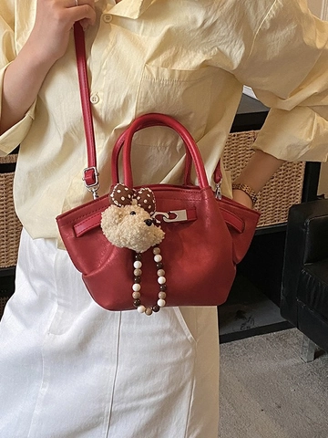 Vintage Damen Eimer Tasche aus Kunstleder mit Teddybär Anhänger und Perlenkette Stilvolles Umhängetasche Design für Alltag