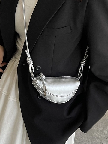 Women Minimalist Synthetic Leather Half Moon Crossbody Bag With Knotted Strap Zipper Closure Mini Shoulder Bag Fashion Chic Clutch