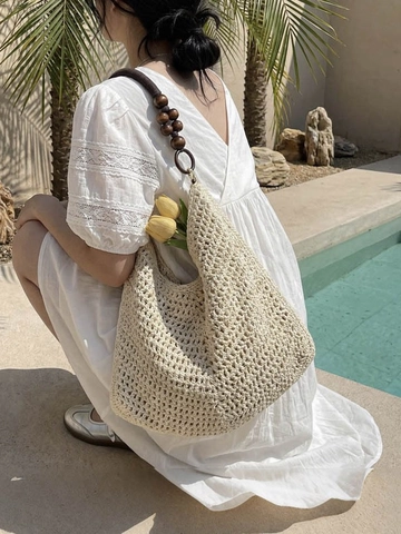 Große Kapazität Aushöhlen Häkeln Strick Tragetasche Für Damen Strand Schultertasche Mit Holzperlen Riemen Bohemien Sommer Handtasche