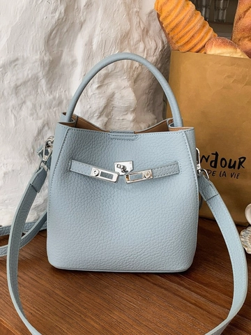 Borsa a Secchiello in Pelle Sintetica con Motivo Lychee Stile Francese per Donna Chiusura a Girello in Metallo Borsa a Mano Tracolla