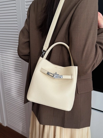Borsa a Secchiello in Pelle Sintetica con Motivo Lychee Stile Francese per Donna Chiusura a Girello in Metallo Borsa a Mano Tracolla