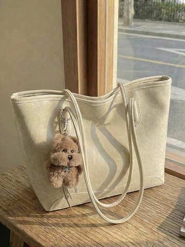 Sac Fourre-tout en Daim de Grande Capacité pour Femmes Style Décontracté Étudiant École Sac à Bandoulière Avec Peluche