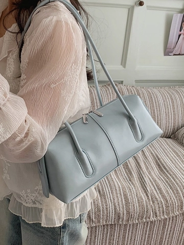 Minimalist Vintage Synthetic Leather Shoulder Bag For Women Retro Underarm Bag Fashion Top Handle Tote Bag Solid Color Zipper Handbag