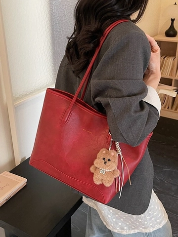 Sac Fourre-tout en Daim de Grande Capacité pour Femmes Style Décontracté Étudiant École Sac à Bandoulière Avec Peluche
