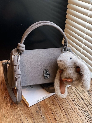 Women Litchi Texture Synthetic Leather Handbag Simple Commute Shoulder Crossbody Small Square Bag With Plush Rabbit Pendant