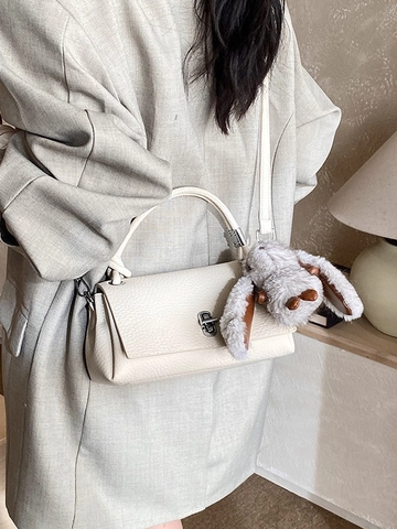 Women Litchi Texture Synthetic Leather Handbag Simple Commute Shoulder Crossbody Small Square Bag With Plush Rabbit Pendant