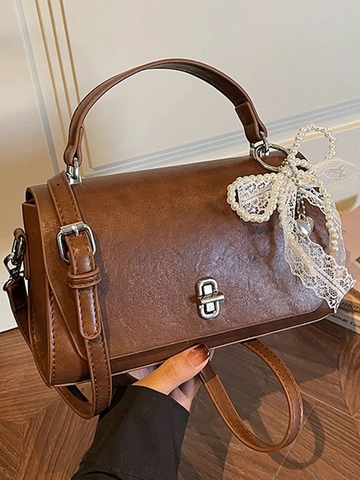 Minimalist Retro Women Small Square PU Leather Crossbody Bag Vintage Pearl Lace Bow Pendant Shoulder Handbag Lock Design