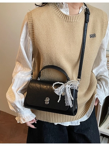 Minimalist Retro Women Small Square PU Leather Crossbody Bag Vintage Pearl Lace Bow Pendant Shoulder Handbag Lock Design