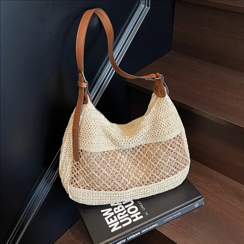 Damen Gewebte Stroh Schultertasche Große Kapazität Lochmuster Hobo Handtasche Sommer Strandurlaub Tote Bag Mit Reißverschluss