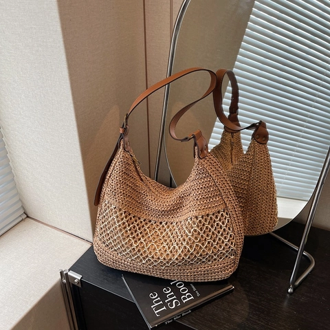 Damen Gewebte Stroh Schultertasche Große Kapazität Lochmuster Hobo Handtasche Sommer Strandurlaub Tote Bag Mit Reißverschluss