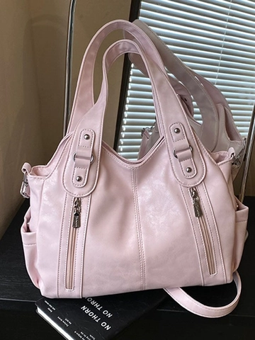 Damen Große Kapazität Tote Bag Retro PU Leder Schulter Umhängetasche Mit Mehreren Taschen Und Metallreißverschlüssen Mode Tasche
