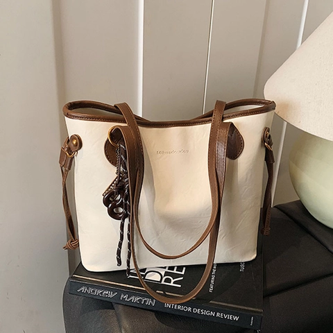 Bolso Tote de Gran Capacidad para Mujer Cuero Sintético Bolso de Hombro Color de Contraste Bolsa de Compras