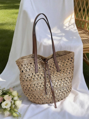 Sac Fourre-tout en Paille Tressée Grande Capacité pour Femmes Ajouré Plage Été Vacances Sac à Main Décontracté Mode