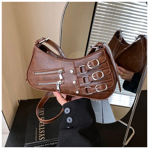 Vintage Punk PU Leer Crescent Crossbodytas Vrouwen Metalen Gesp Multi Rits Schoudertas Y2K Straat Underarm Tas
