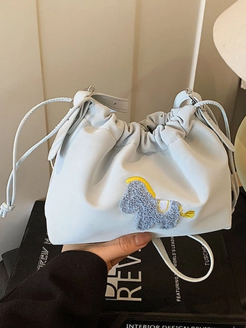 Sac Seau à Cordon avec Broderie Poney de Dessin Animé pour Femmes Petit Sac Bandoulière en Similicuir PU Souple Loisirs