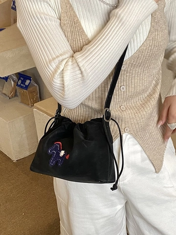 Sac Seau à Cordon avec Broderie Poney de Dessin Animé pour Femmes Petit Sac Bandoulière en Similicuir PU Souple Loisirs
