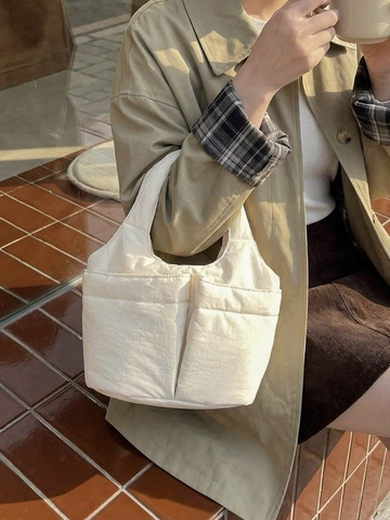 Borsa Tote Trapuntata da Donna Grande Capacità Leggera Borsa a Mano in Nylon Con Doppie Tasche Frontali Borsa Secchiello