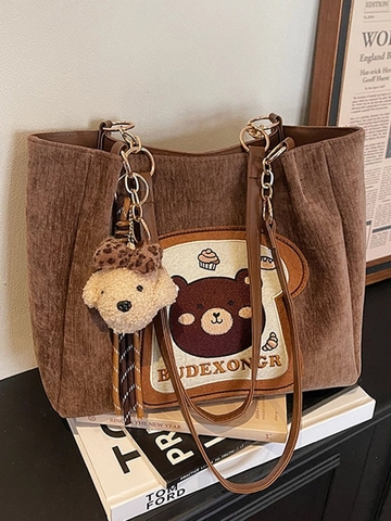 Borsa Tote da Donna Vintage in Velluto a Coste con Orsetto Cartone Animato Grande Capacità Borsa a Tracolla con Ciondolo