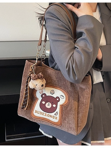 Borsa Tote da Donna Vintage in Velluto a Coste con Orsetto Cartone Animato Grande Capacità Borsa a Tracolla con Ciondolo
