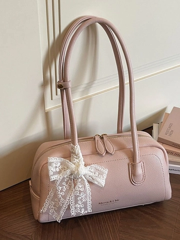 Sac Boston Minimaliste en Cuir Synthétique Grain de Lychee pour Femmes Avec Nœud en Dentelle Sac à Épaule Sous le Bras Casual