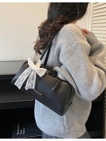 Sac Boston Minimaliste en Cuir Synthétique Grain de Lychee pour Femmes Avec Nœud en Dentelle Sac à Épaule Sous le Bras Casual