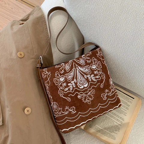Sac Seau Femme Vintage Broderie Florale Ethnique en Cuir PU Décontracté Bandoulière Grande Capacité Sac de Voyage Quotidien