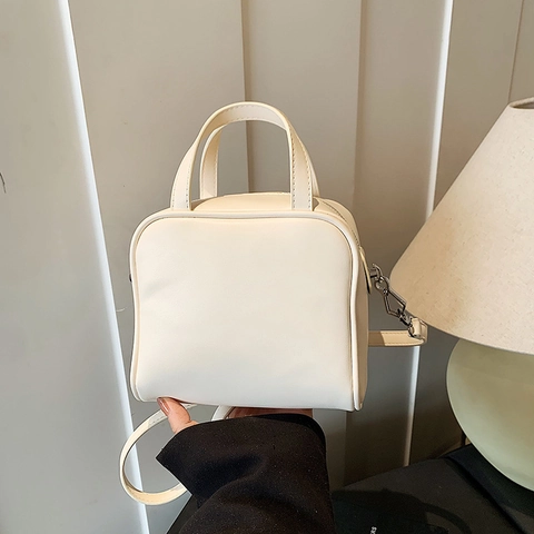 Minimalist PU Leather Small Square Handbag For Women Solid Color Casual Top Handle Crossbody Bag With Shoulder Strap