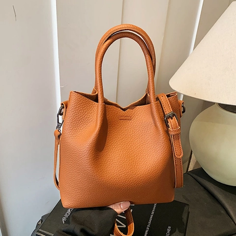 Sac Seau en Cuir PU Mode Femme Minimaliste Motif Litchi Sac Bandoulière Grande Capacité Tote Sac à Main