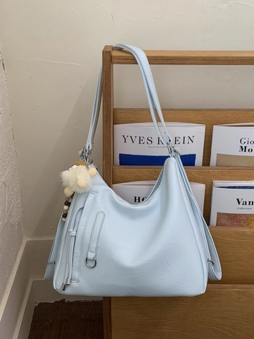 Women's Vintage Faux Leather Hobo Shoulder Bag Large Capacity Minimalist Tote With Plush Pendant Commuter Handbag