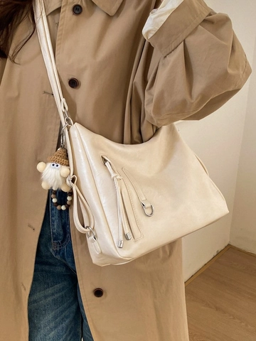 Women's Vintage Faux Leather Hobo Shoulder Bag Large Capacity Minimalist Tote With Plush Pendant Commuter Handbag