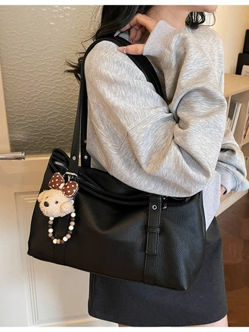 Retro Große Kapazität Tragetasche Für Damen Litschi Textur Kunstleder Pendler Unterarm Schultertasche Mit Bären Anhänger