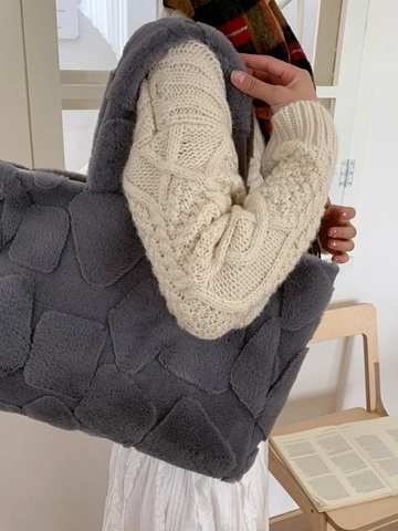 Damen Große Plüsch-Einkaufstasche Kunstfell-Schultertasche Mit 3D Geprägtem Geometrischem Muster Winter Casual Alltagshandtasche Mit Magnetverschluss