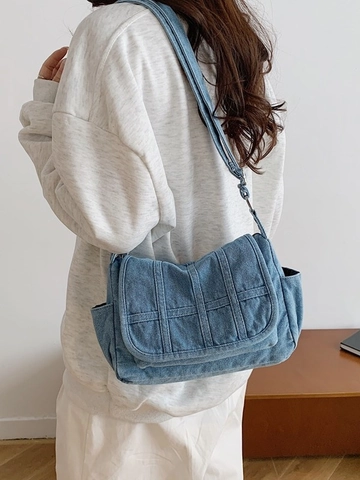 Women Vintage Denim Crossbody Bag Multiple Pockets Adjustable Strap Casual Messenger Bag Small Square Shoulder Bag Daily Travel