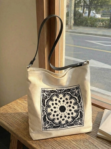 Vintage Bohemian Large Capacity Canvas Tote Bag With Mandala Embroidery Ethnic Style Shoulder Bag For Women Daily Shopping Bag