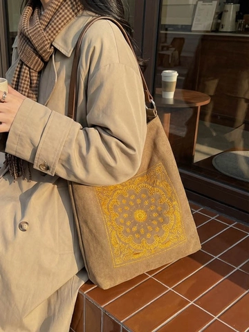 Vintage Bohemian Large Capacity Canvas Tote Bag With Mandala Embroidery Ethnic Style Shoulder Bag For Women Daily Shopping Bag