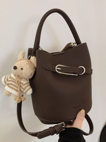 Damen Vintage PU Leder Eimertasche Mit Bär Anhänger Lychee Textur Nische Handtasche Umhängetasche Für Den Täglichen Gebrauch