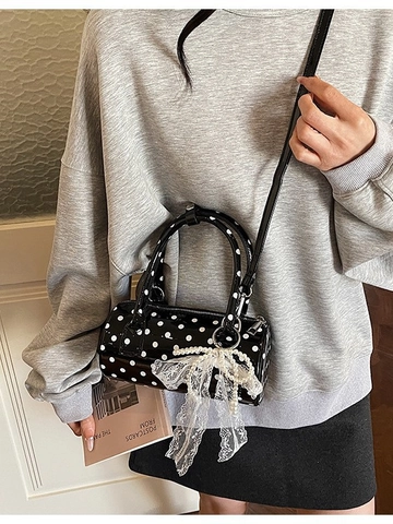 Borsa a Cilindro con Pois da Donna in Pelle PU Borsa a Tracolla con Ciondolo a Fiocco in Pizzo di Perle Stile Retrò Borsa a Spalla