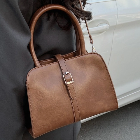 Bolso de Cubo Minimalista de Cuero PU para Mujer Bolso de Hombro Retro de Color Sólido Con Hebilla Elegante Bolso de Mano Diario