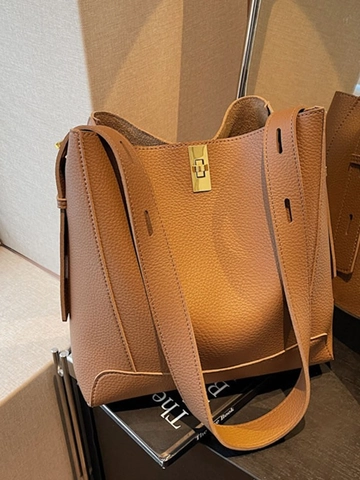 Women Large PU Leather Bucket Bag Set Litchi Pattern Minimalist Commuter Shoulder Crossbody Bag Gold Lock Solid Color