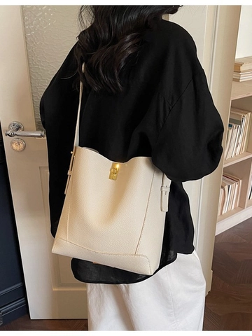 Women Large PU Leather Bucket Bag Set Litchi Pattern Minimalist Commuter Shoulder Crossbody Bag Gold Lock Solid Color