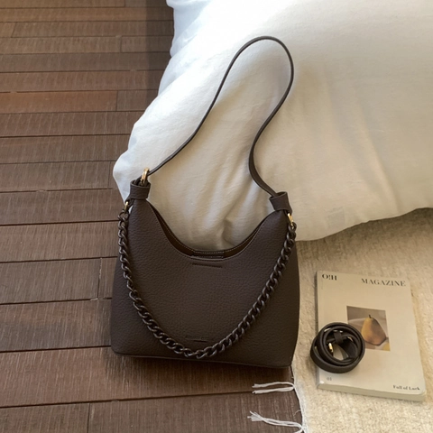 Damen Retro Lychee Muster Hobo Tasche Mit Kettendekoration Minimalistische Kunstleder Schulter Umhängetasche Für Den Alltag