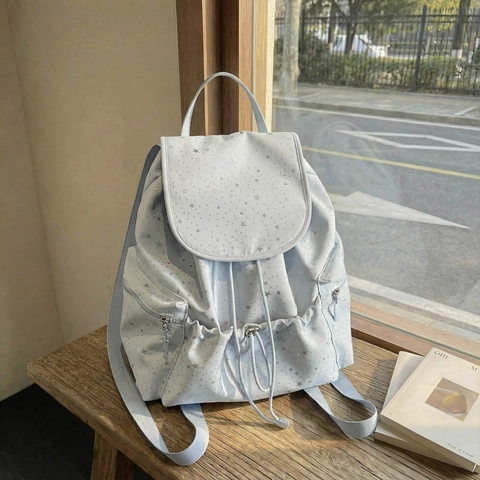 Zaino da Donna alla Moda con Stampa a Stelle e Coulisse Casual in Tela Stile Coreano Borsa da Scuola Grande Capacità