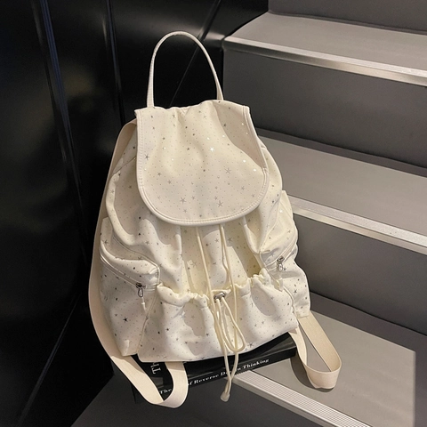 Zaino da Donna alla Moda con Stampa a Stelle e Coulisse Casual in Tela Stile Coreano Borsa da Scuola Grande Capacità