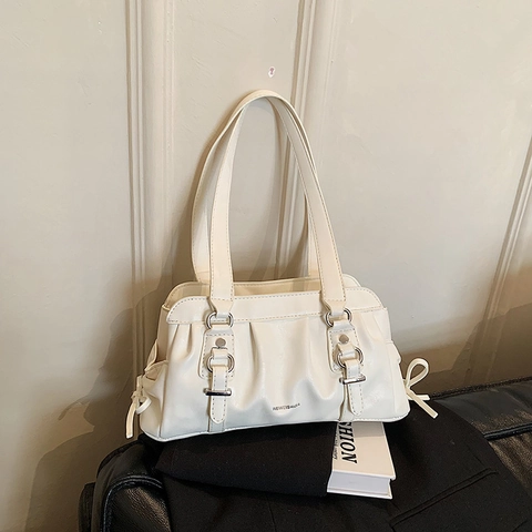 Borsa a Spalla da Donna in Pelle Sintetica Plissettata Stile Coreano Minimalista Con Fiocco e Fibbia in Metallo Borsa Sottobraccio