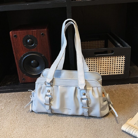 Women Ruched Shoulder Bag Synthetic Leather Vintage Boston Underarm Bag With Metallic Buckle Solid Color Commute Fashion Handbag