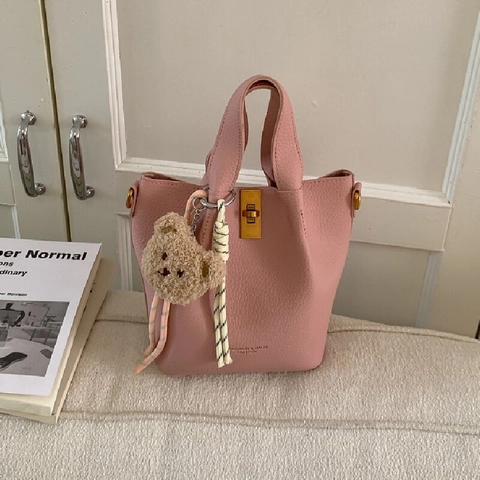 Vintage Synthetic Leather Litchi Pattern Bucket Bag For Women Large Capacity Two-Piece Set With Plush Bear Pendant Crossbody Shoulder Bag