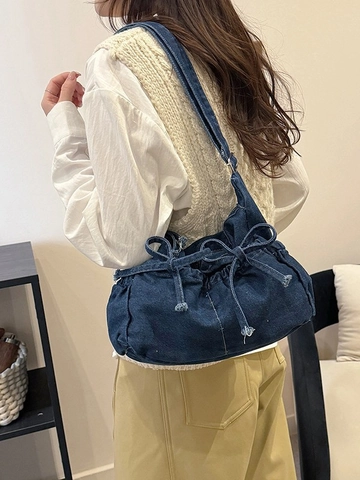 Retro Denim Bow Shoulder Bag For Women Washed Hobo Bag Versatile Large Capacity Crossbody Bag Stylish Daily Commuter Bag