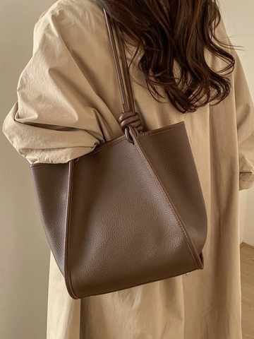 Vintage Kunstleder Tote Bag Mit Großer Kapazität Geknoteter Riemen Litschitextur Pendler Schultertasche Und Innentasche Set