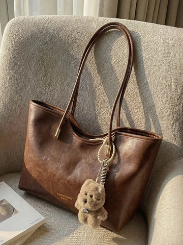 Women Retro Synthetic Leather Tote Bag Large Capacity Shoulder Bag With Plush Bear Pendant Versatile Underarm Handbag