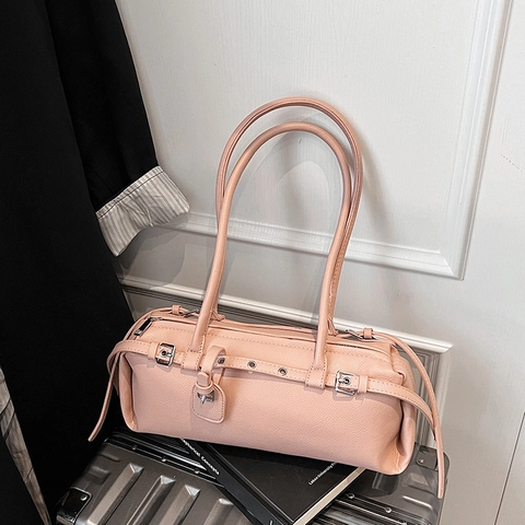 Borsa a Spalla Donna Retrò alla Moda in Pelle Sintetica Lychee Baguette con Fibbie Decorative Grande Capacità Sottobraccio